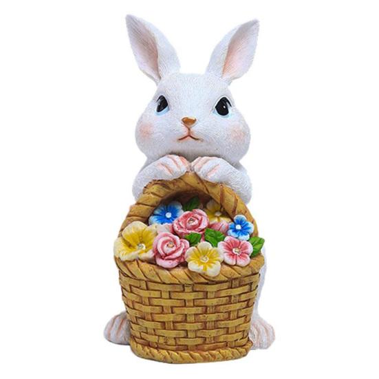 

Солнечная садовая статуэтка кролика с 5 светодиодными лампами, цветочная корзина, уличная смоляная фигурка кролика, украшение для патио, двора, лужайки, пасхальное украшение белый