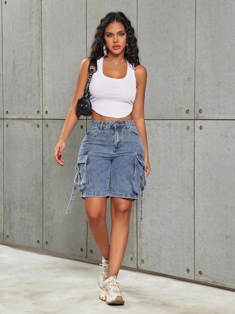 Rose Beauty A Y2K Street High Waist Flap Pocket Tape Detail Work Cargo Denim Bermuda Wide Leg Jean Shorts Summer Comfy Trendy Jorts