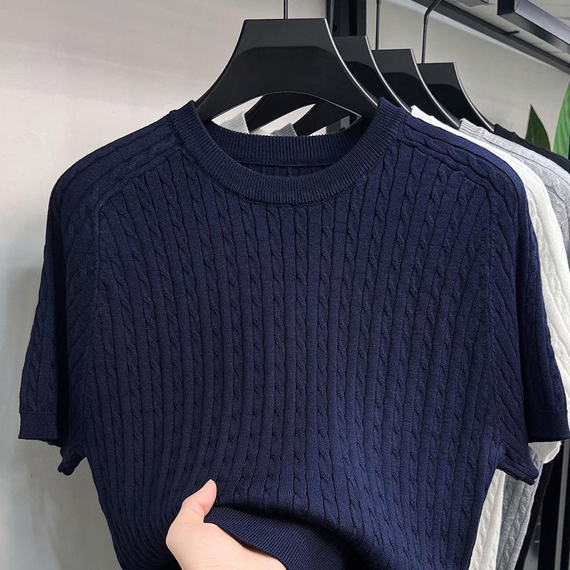 Men's Casual Loose Fit Round Neck Short Sleeve Knit T-shirt - Spring/Summer Solid Color Pullover