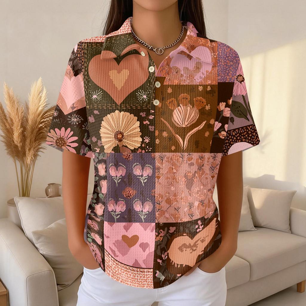 Women's Casual Short Sleeve Waffle Knit Polo Shirt Vintage Floral Print Button Down Collared Top Lightweight Breathable Fabric