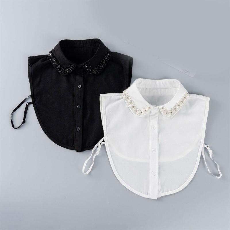 Comfortable Polyester Detachable Collar for Women Faux Pearls and Bead Removable Button Lightweight False Collar Shirt