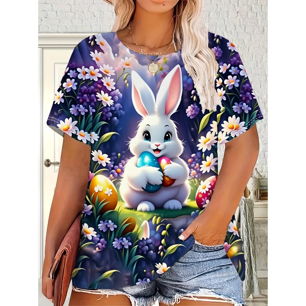 Plus Size Casual Crew Neck Short Sleeve Tiger Horse Animal Print T-Shirt - Soft Stretch Polyester Fabric Spring and Summer Womens Relaxed Fit Clothing