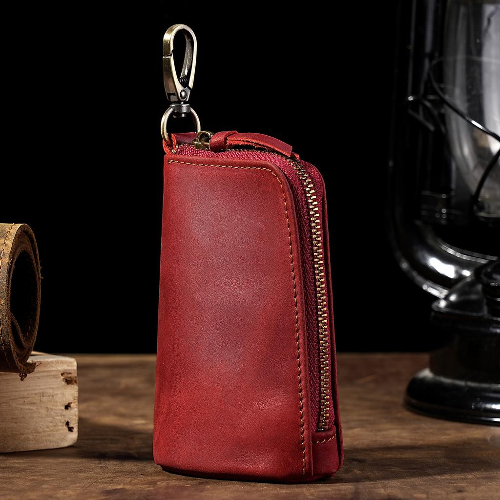 Carabiner-Attachable Crazy Horse Leather Key Pouch, Vintage Bucket Zipper Key Holder, Bag-Mountable Key Organizer Wallet Unisex