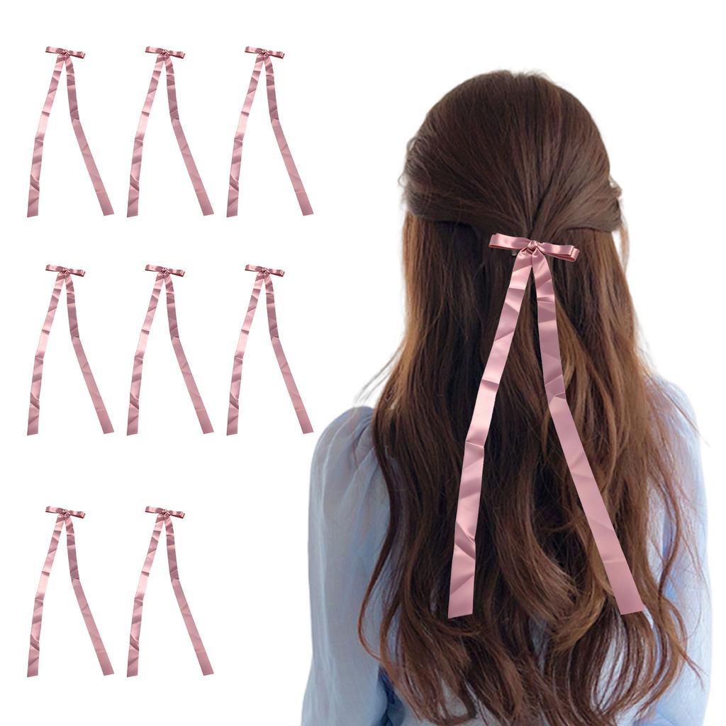 8PCS Rose Pink Bow Ribbon Hair Clip, Soft Lightweight Hair Bow Clips, Sweet Hairclip, Easy Secure, Non Slip, Stylish