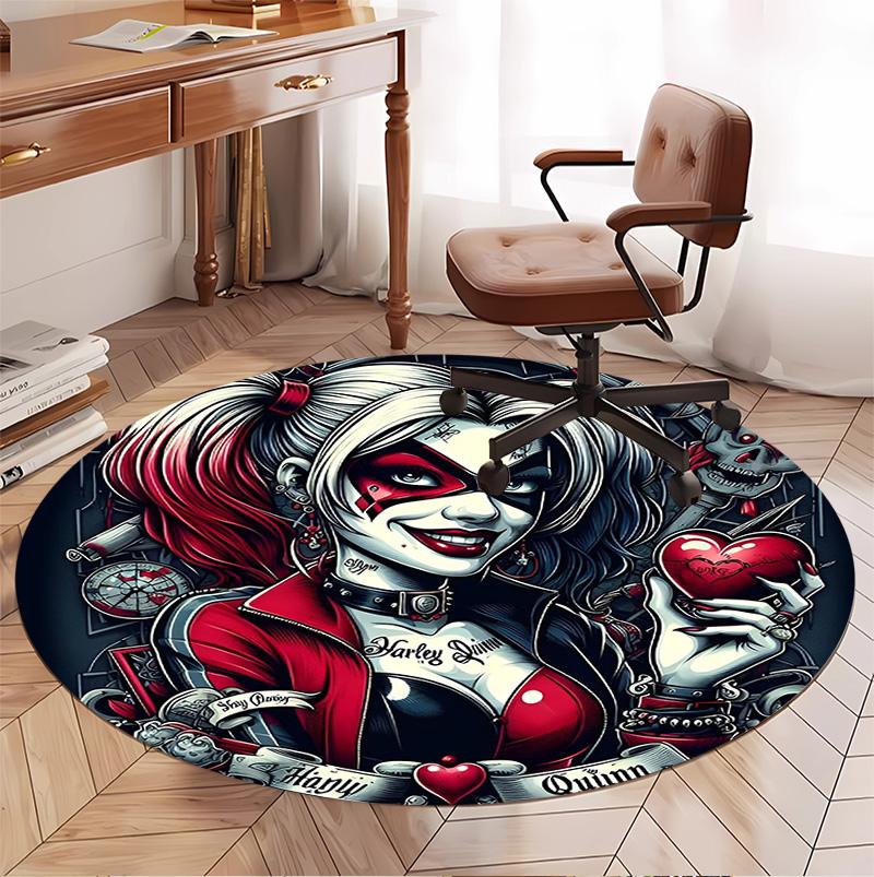 Harley Quinn Joker Pattern Round Rug, Indoor/Outdoor Mat, for Picnic, Gameroom, Bedroom, Office, Living Room, Home Decor Carpet, Birthday Gift