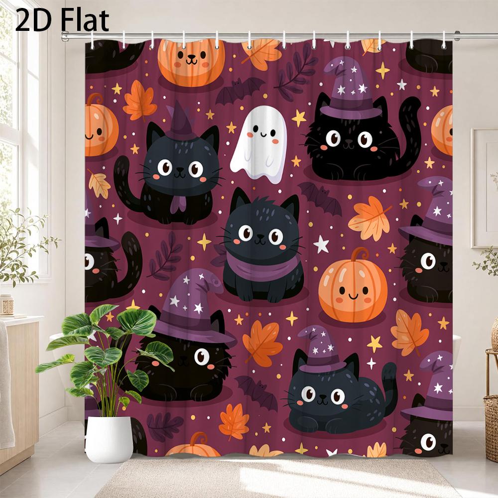 Cute Black Cat Witch Hat Shower Curtain, Halloween Pumpkin Ghost Pattern, Kids Bathroom Decor, Waterproof Polyester Bath Curtain
