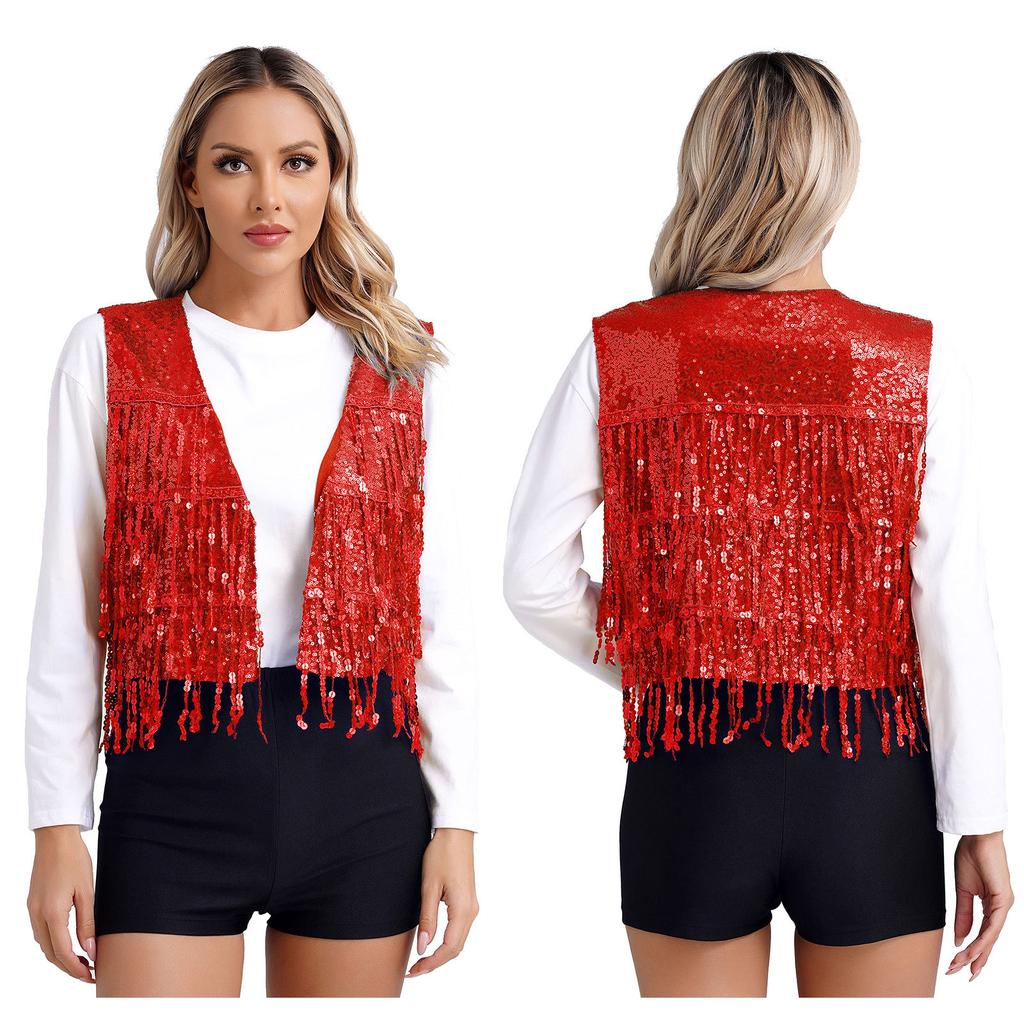 Women's Shiny Sequin Sleeveless Vest Sparkly Casual Open Front Waistcoat Jackets Glitter Vest Coat