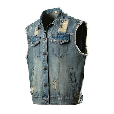 Ripped Holes Denim Waistcoat Men's Sleeveless Denim Jacket with Ripped Holes Pockets Single Breasted Washed Waistcoat for Casual
