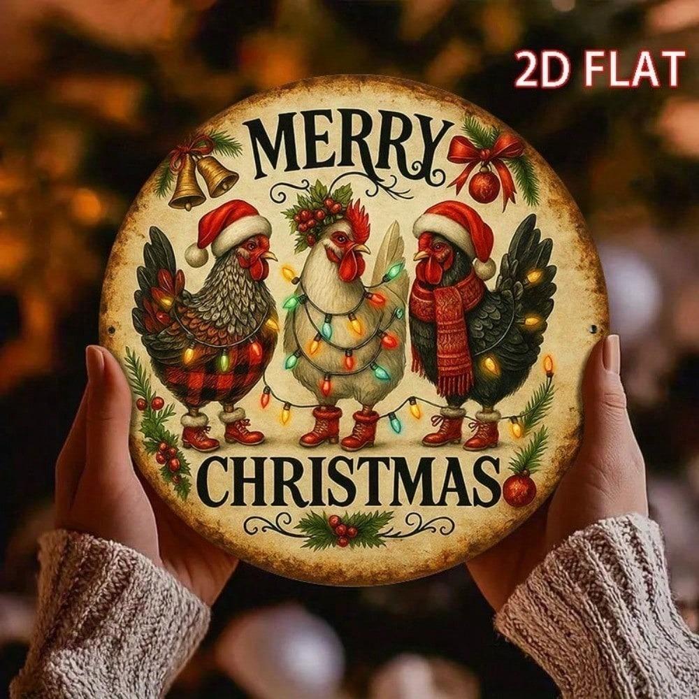 Festive Tin Sign 8x8 Inch, Vintage Metal Wall Art with Rooster and Reindeer for Christmas Holiday Home Bar Cafe Decor