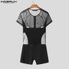 INCERUN Men Mesh Zip-up Long Sleeve Patchwork See Through Short Romper Jumpsuits  Bodysuits