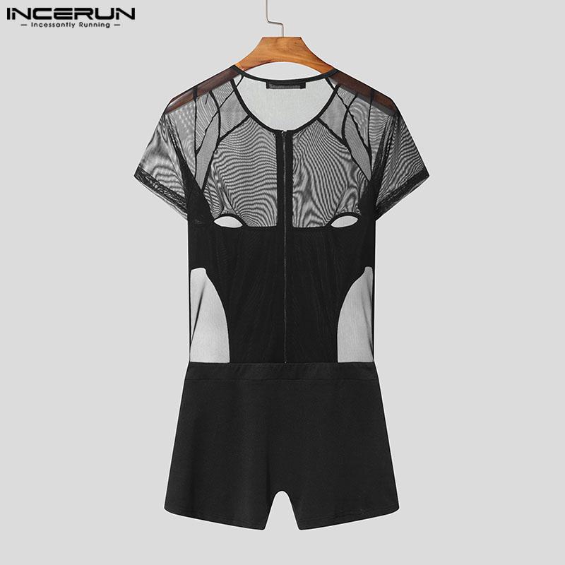 INCERUN Men Mesh Zip-up Long Sleeve Patchwork See Through Short Romper Jumpsuits  Bodysuits