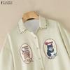ZANZEA Women Casual Turn Down Collar Loose Cartoon Print Short Sleeve Blouse