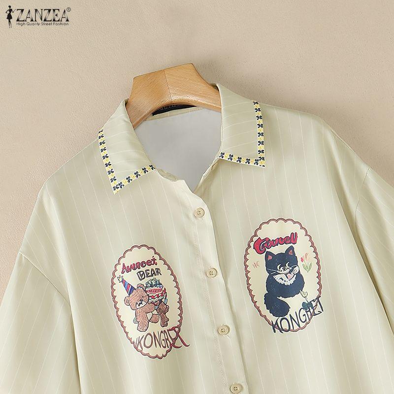 ZANZEA Women Casual Turn Down Collar Loose Cartoon Print Short Sleeve Blouse
