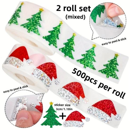 2 Rolls Christmas Hat Stickers 1000 Pcs Glitter Red Santa Hat Stickers Waterproof Self-Adhesive Seal Decals