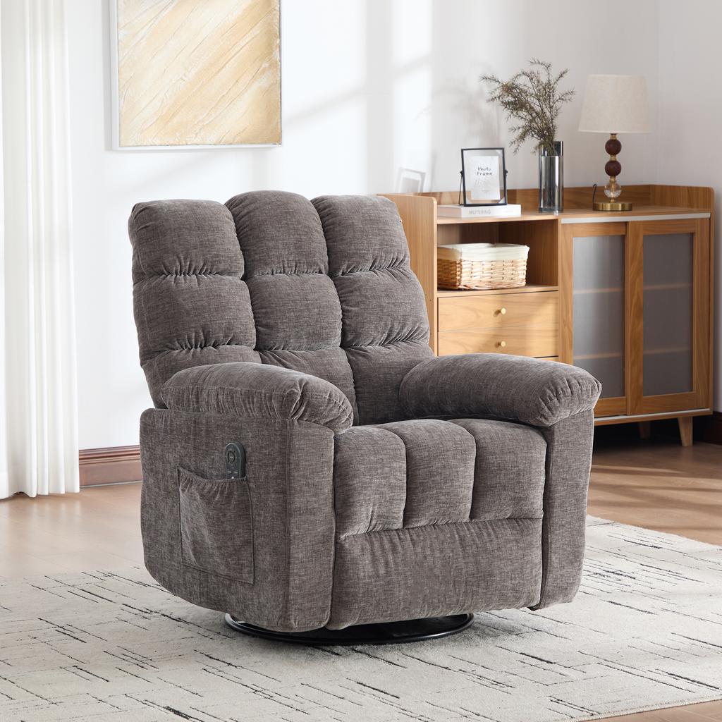 Poltrona Reclinabile Elettrica Girevole a 360° con Funzione Massaggio e Riscaldamento, Schienale e Poggiapiedi Regolabili Manualmente, Tasche Laterali portaoggetti..Grigio