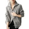 Women's European Style Pure Wool Turn-Down Collar Cashmere Cardigan with Double Zipper Knitwear.