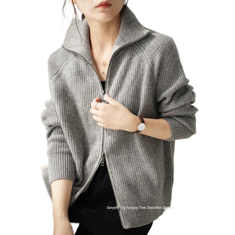 Women's European Style Pure Wool Turn-Down Collar Cashmere Cardigan with Double Zipper Knitwear.