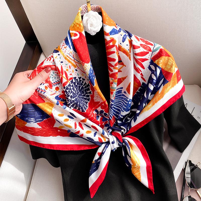 Women  Designer Scarf Fashion Oil Painting Aztec Silk Scarves Square Small Handkerchief Neck Snood Bag Hijab 90*90Cm