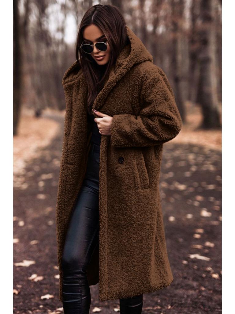 Fur Coat Women ,hooded Collar, Pure Color, Loose and Casual, Long-sleeved Faux Fleece Jacket