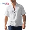 Men's Casual Loose-fit Shirt, Casual Stand Collar Button-down Linen Short Sleeve Solid Color Plus Size