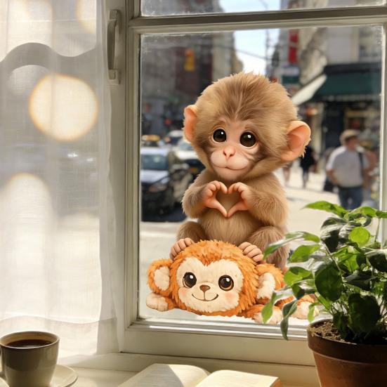 Affen Fenstertattoo Niedlicher Babyaffe PVC-Aufkleber Wiederverwendbare Statische Glasaufkleber für Wohnzimmer Heimdeko