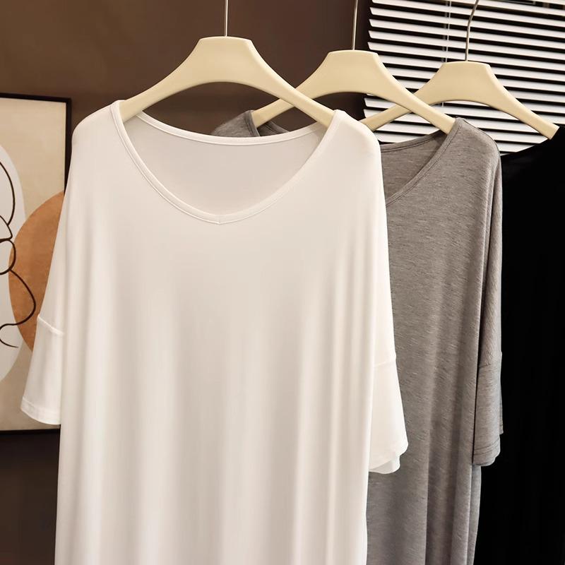 Women's Modal V-Neck Midi Dress - Loose, Plus Size, Summer Nightdress, Maternity