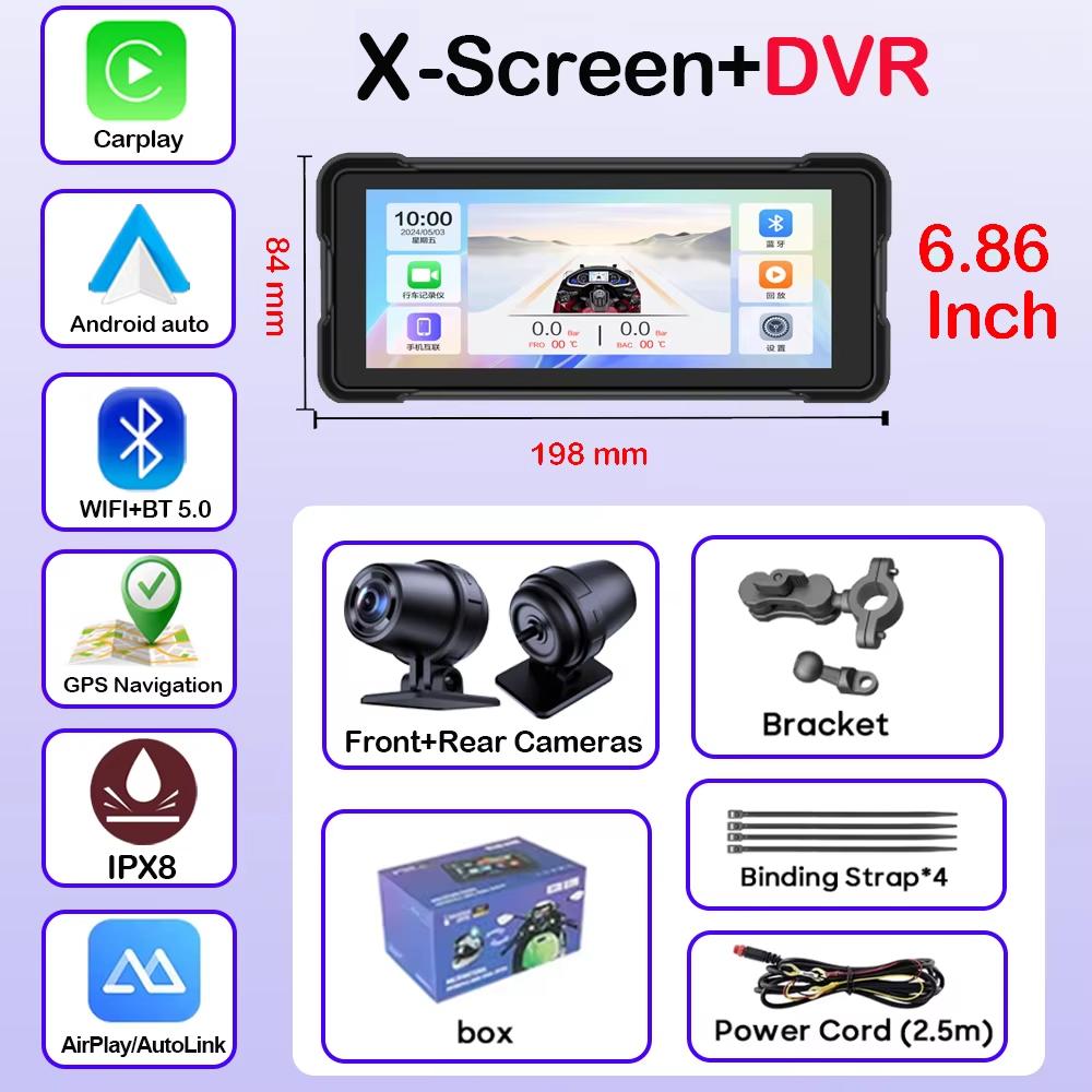 6.86 Inch Portable GPS Navigation Motorcycle Waterproof Display Moto Wireless Carplay Android Auto Dual DVR Monitor Dash Cam