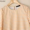 ZANZEA Women Casual Round Neck 3/4 Sleeve Loose Plaid Print Blouse