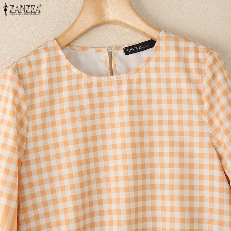 ZANZEA Women Casual Round Neck 3/4 Sleeve Loose Plaid Print Blouse