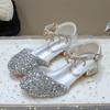 Girls' Sandals Summer New Crystal Shoes Fashionable Little Girl Shoes Silver Performance Show Shoes Children's High Heels