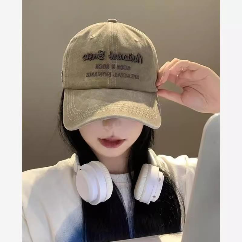 Letter Embroidered Baseball Cap Female American Retro Face-showing Small Peaked Cap Washed and Made Old Big Head Circumference Wide Brim Hat
