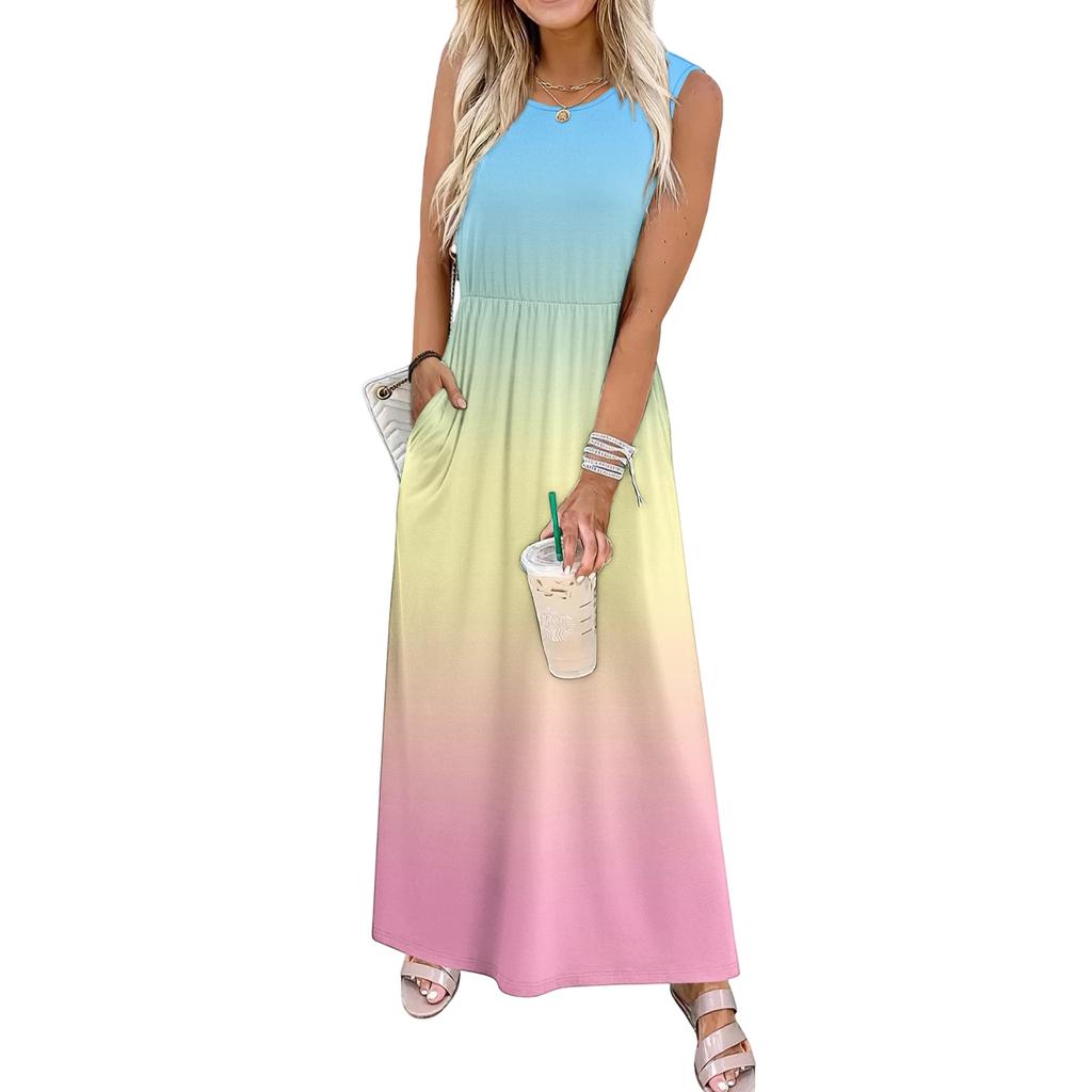 Ladies' Gradient Printed Casual and Fashionable Waist Cinched Sleeveless Dress