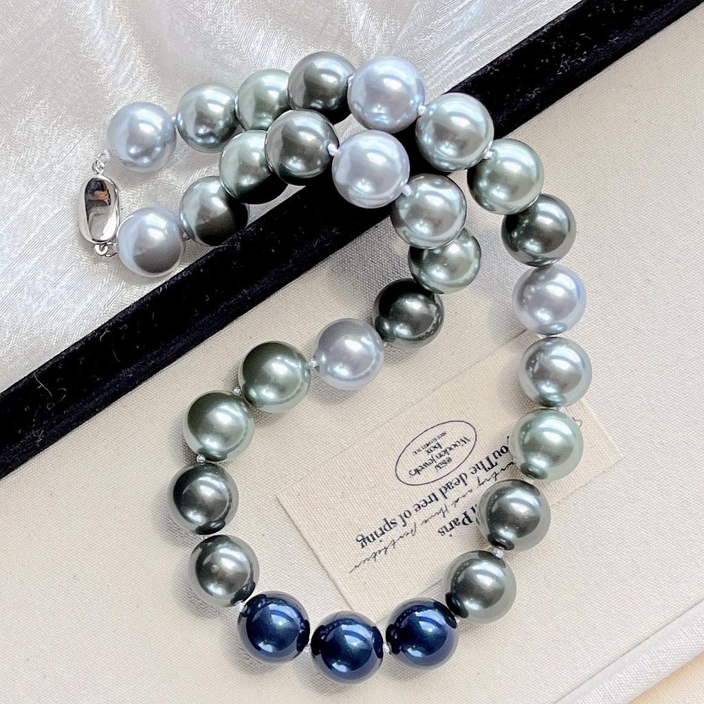 14Mm Haute Couture High Quality Vintage Contrasting Platinum Grey Faux Crystal Pearl Necklace Collarbone Chain