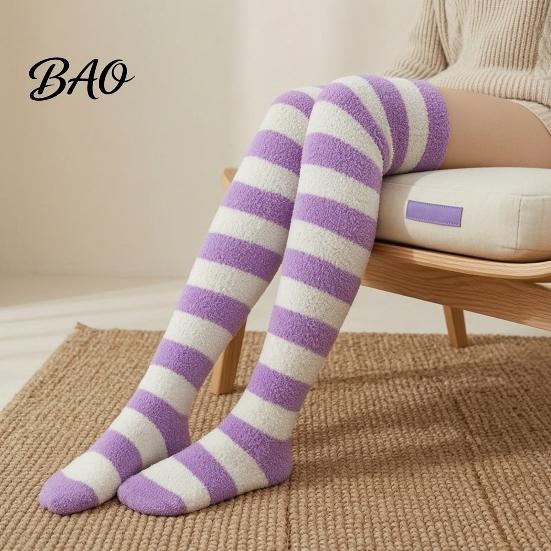 Warm Winter Sleep Socks Striped Plush for Women, Coral Fleece Thermal Socks, Soft Thickened Velvet Knee High Stockings, Sleeping Home And Casual Wear