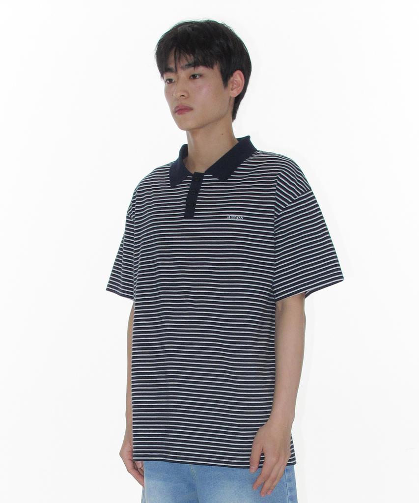 AMES-WORLDWIDE Basic Stripe Collar Tee Navy