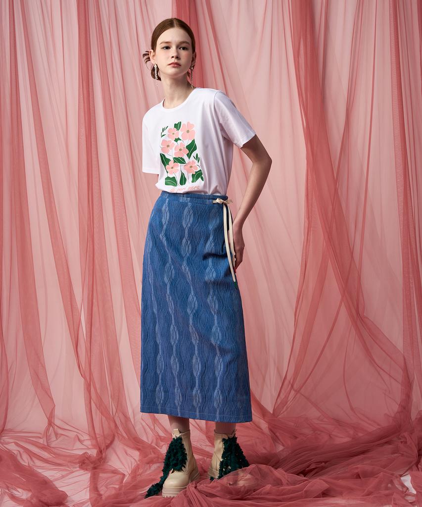 Pelimela Denim Jacquard H-Line Midi Skirt (Blue)