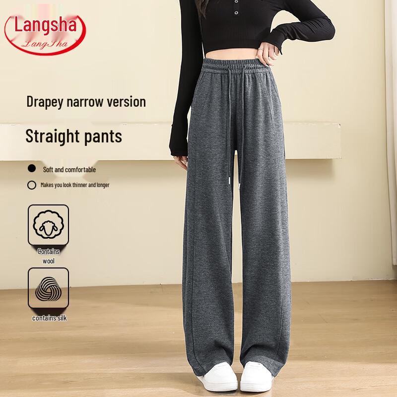 Langsha Women s Wool-Silk Blend High-Waist Straight Wide-Leg Pants XL