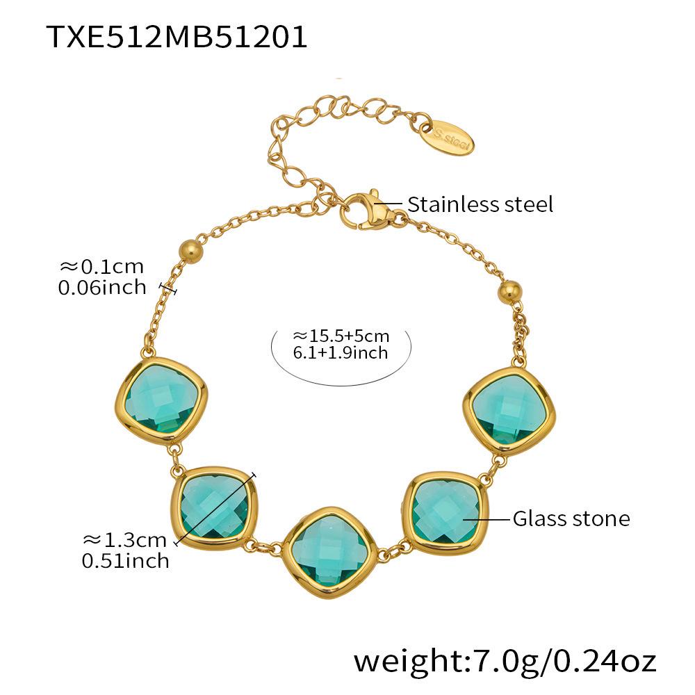 Stylish European & American Stainless Steel Jewelry Set with Square Faceted Glass Stones: Includes Bracelet, Necklace, and Earrings