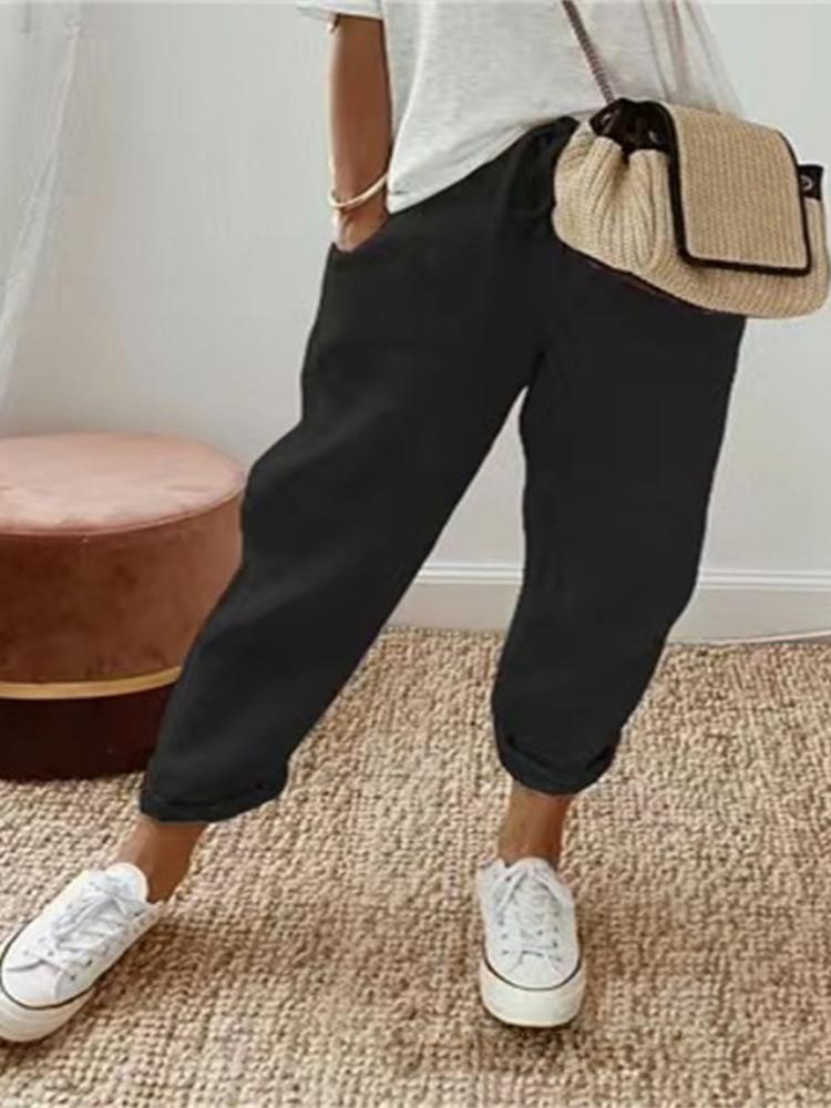 

Женские повседневные брюки из хлопка и льна с карманами, повседневные брюки со свободной талией для женщин 5XL чёрный