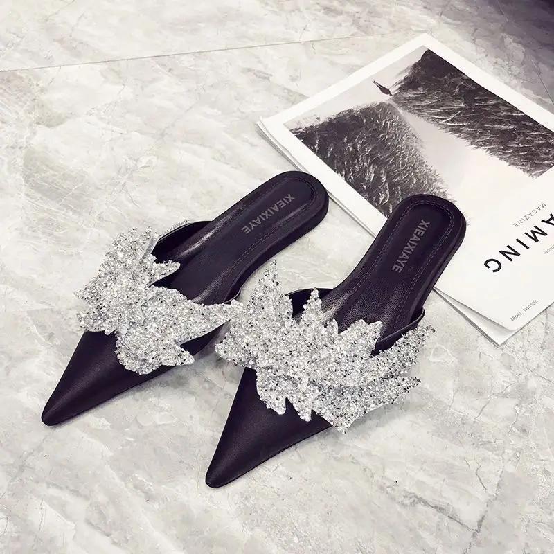 Fashion Sequins Women's Slippers and Ladies Sandals Pointed Toe Shoes Designer Luxury Shoe Wholesale Chic Elegant Low Price Pvc Slides