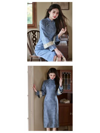 Bei Zhi Yun Blue Elegant Cheongsam: 2025 Autumn New Style Ladylike Daily Wear