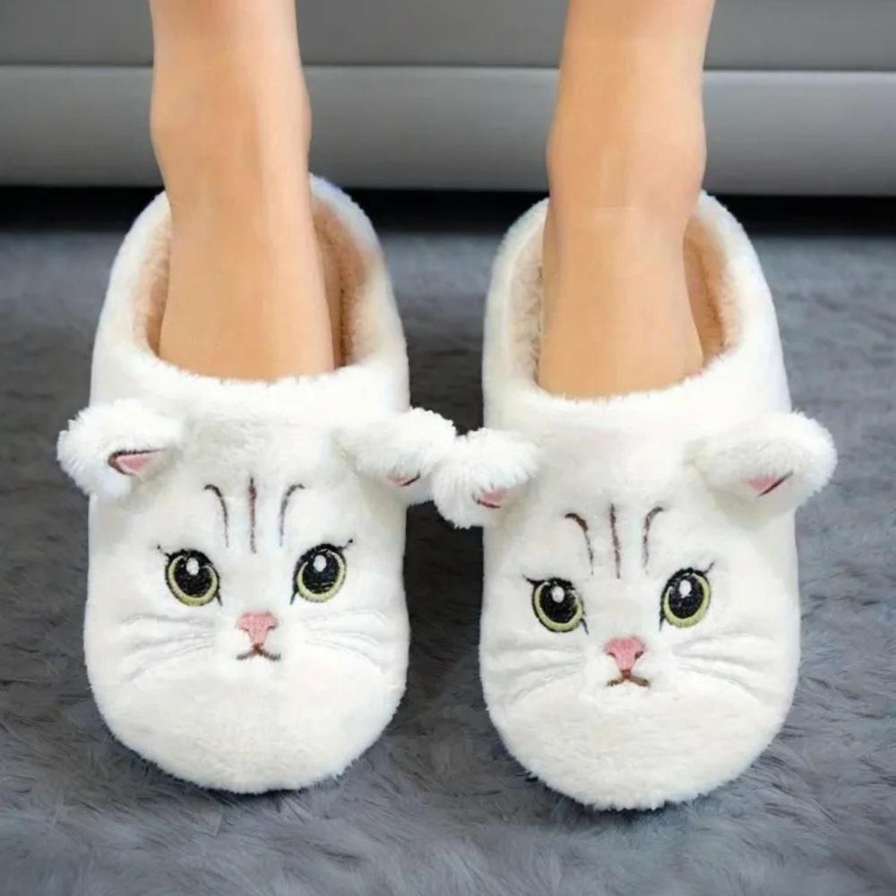 

Женские осенне-зимние милые домашние тапочки с мягкой подошвой в виде кошки 42-43 белый