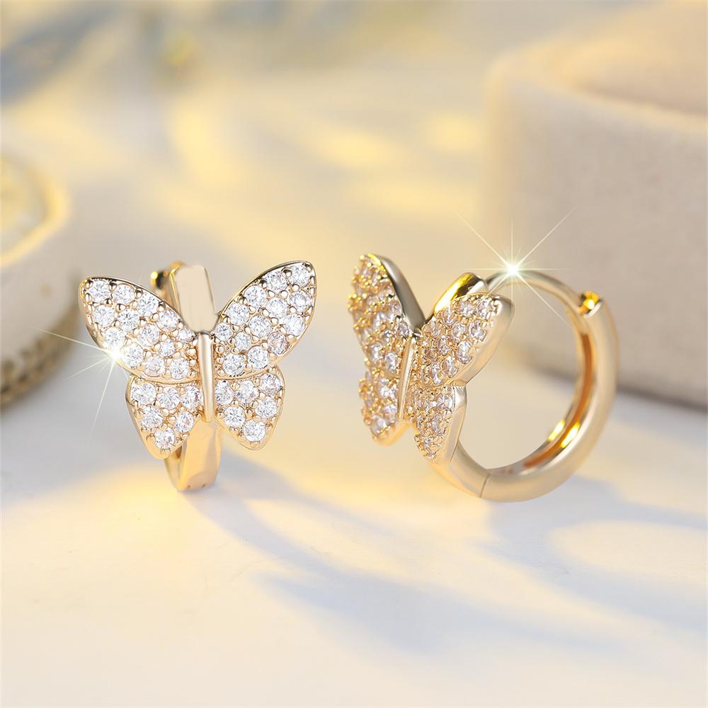 White Zircon Full Stone Cute Butterfly Hoop Earrings For Women Vintage Gold Color Ear Buckle Wedding Jewelry Versatile Gifts