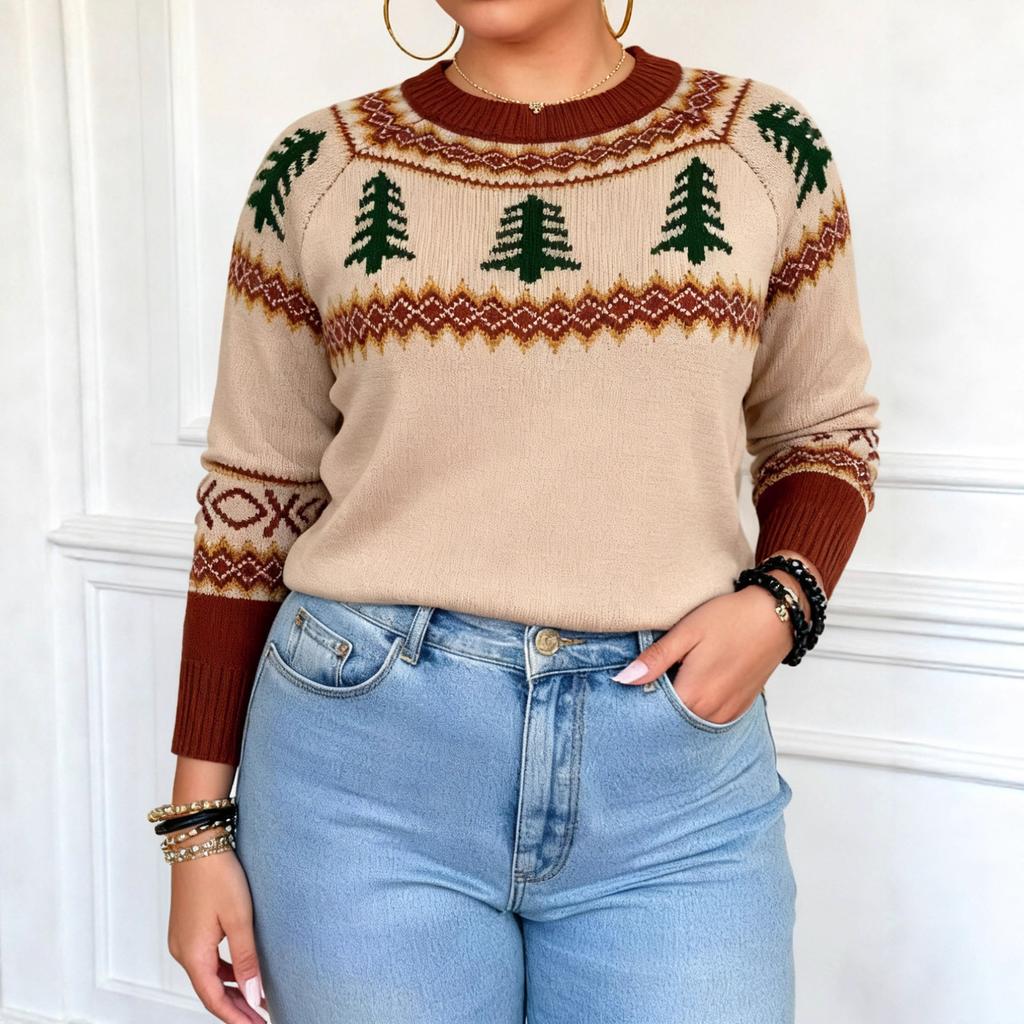 Pullover Sweater, Christmas Tree Jacquard Sweater, Loose Top for Women