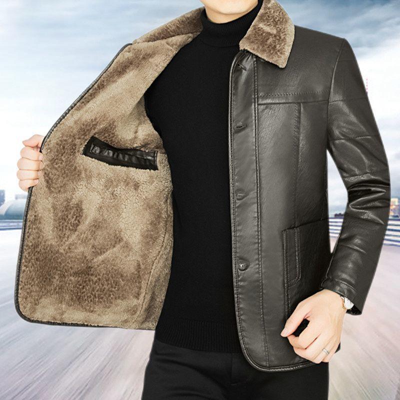 Dad's Winter Leather Jacket, Middle-aged Men's Leather Jacket, Velvet Thickening, Middle-aged and Elderly PU Leather Jacket