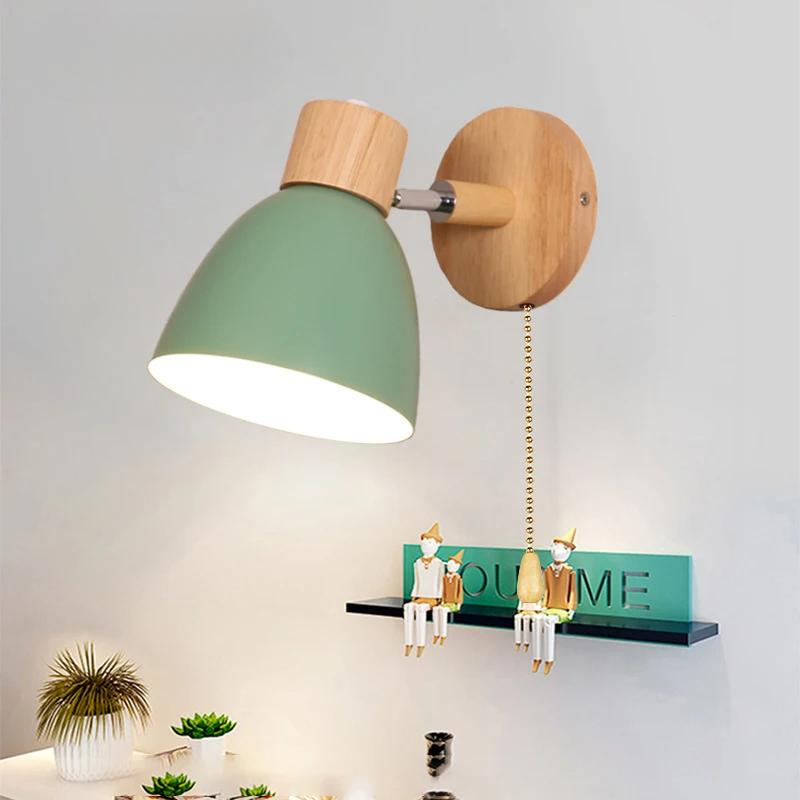 Retro Wooden Wall Light 6 color Macaroon With Switch Wall Sconce For Bedroom Aisle Home Decor Modern Iron Interior Wall Lamps