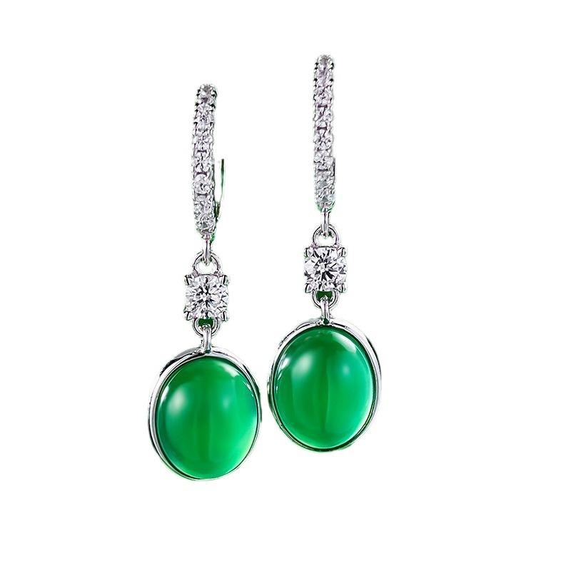 Xiancan S925 Silver Green Chalcedony Earrings - Elegant and Simple Style
