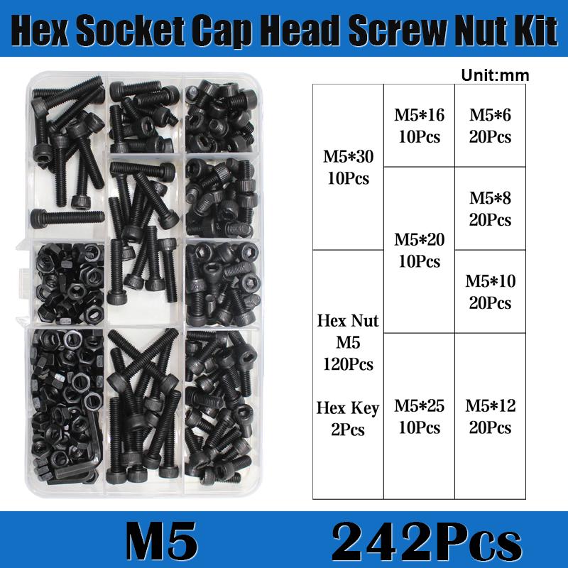 Hex Socket Head Cap Screws Nut M2 M3 M4 M5 M6 Grade 12.9 Machine Screw Alloy Steel Black Bolt Nut Hexagon Socket Bolt Nut Kit