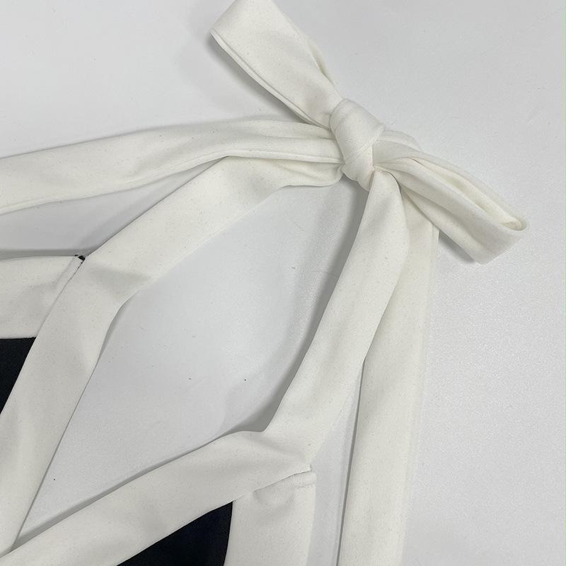 New European & American Fashion Black & White Color Block V-Neck Halter Backless Tie-Up Super Short Women's Jumpsuit