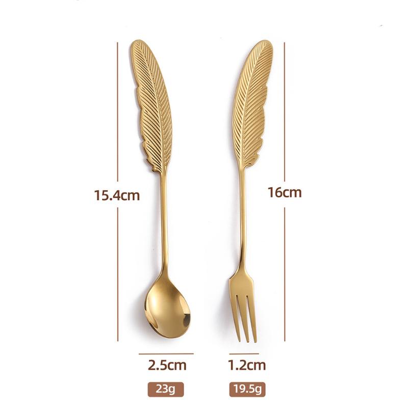 HANYANG Feather Spoon Golden 304 Stainless Steel Fruit Fork Literary Small Spoon Spoon Spoon Creative Tableware Colorful Feather Spoon